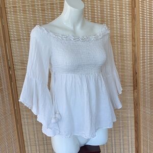 Zara 100% linen white off the shoulder smocked top, size XS